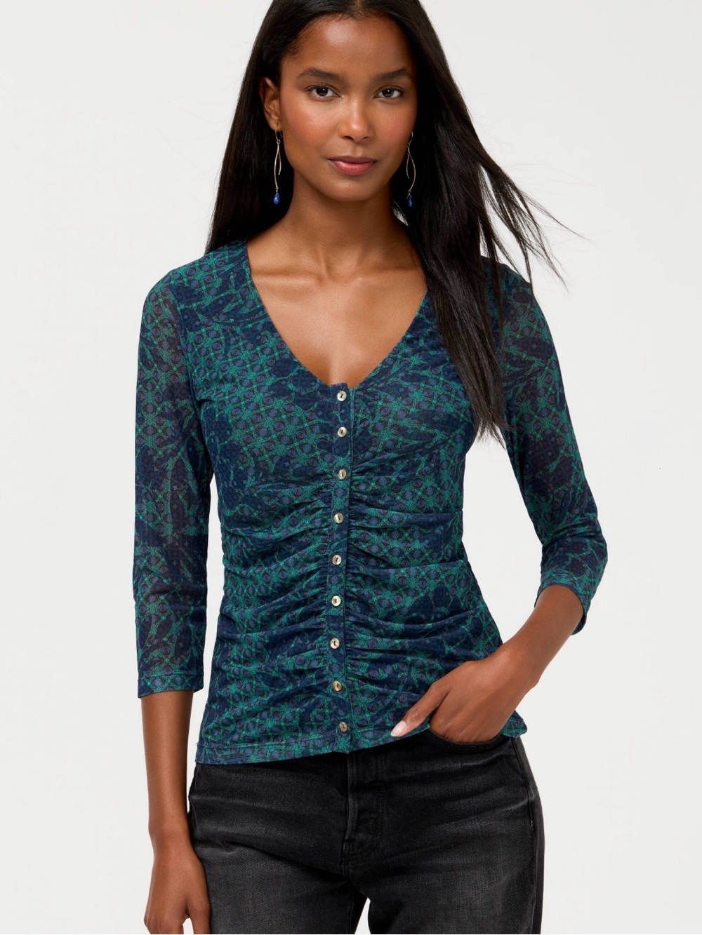 Johnny Was Teal Green Patterned Ruched Button V-Neck Top